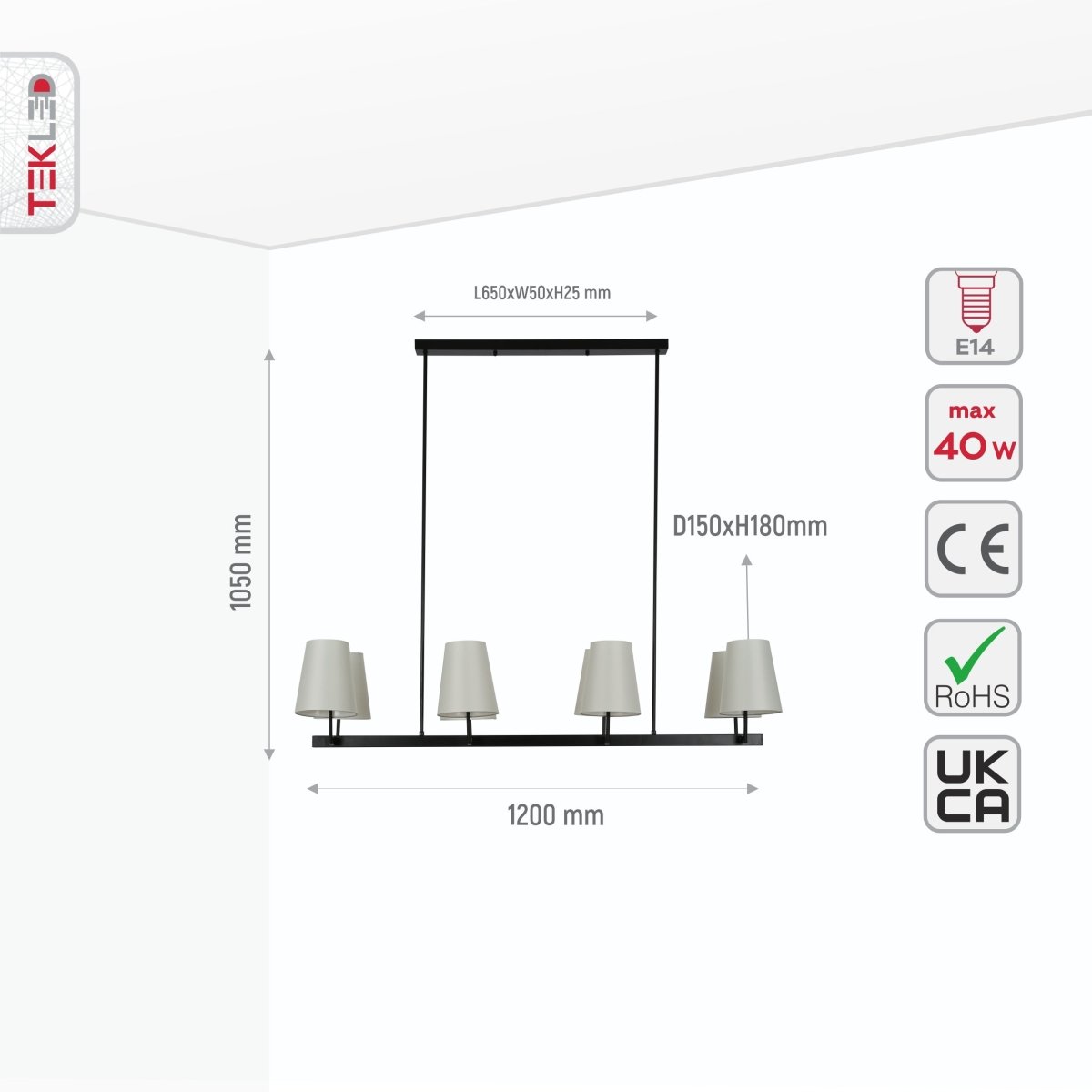 Size and specs of Beige Fabric Shade Black Metal Body Island Chandelier with 8xE14 Fitting | TEKLED 159-17558