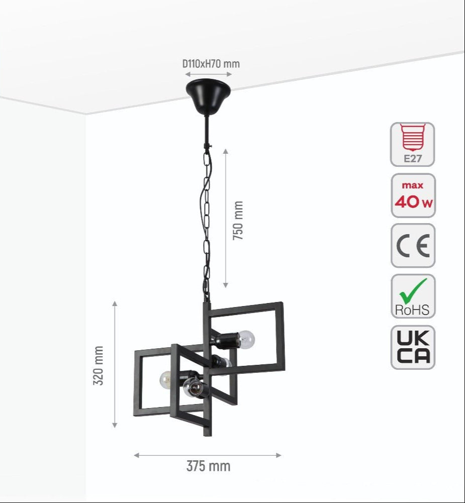 Size and specs of Black 4 Rectangle Pendant Light L375 with 4xE27 Fitting | TEKLED 158-17914