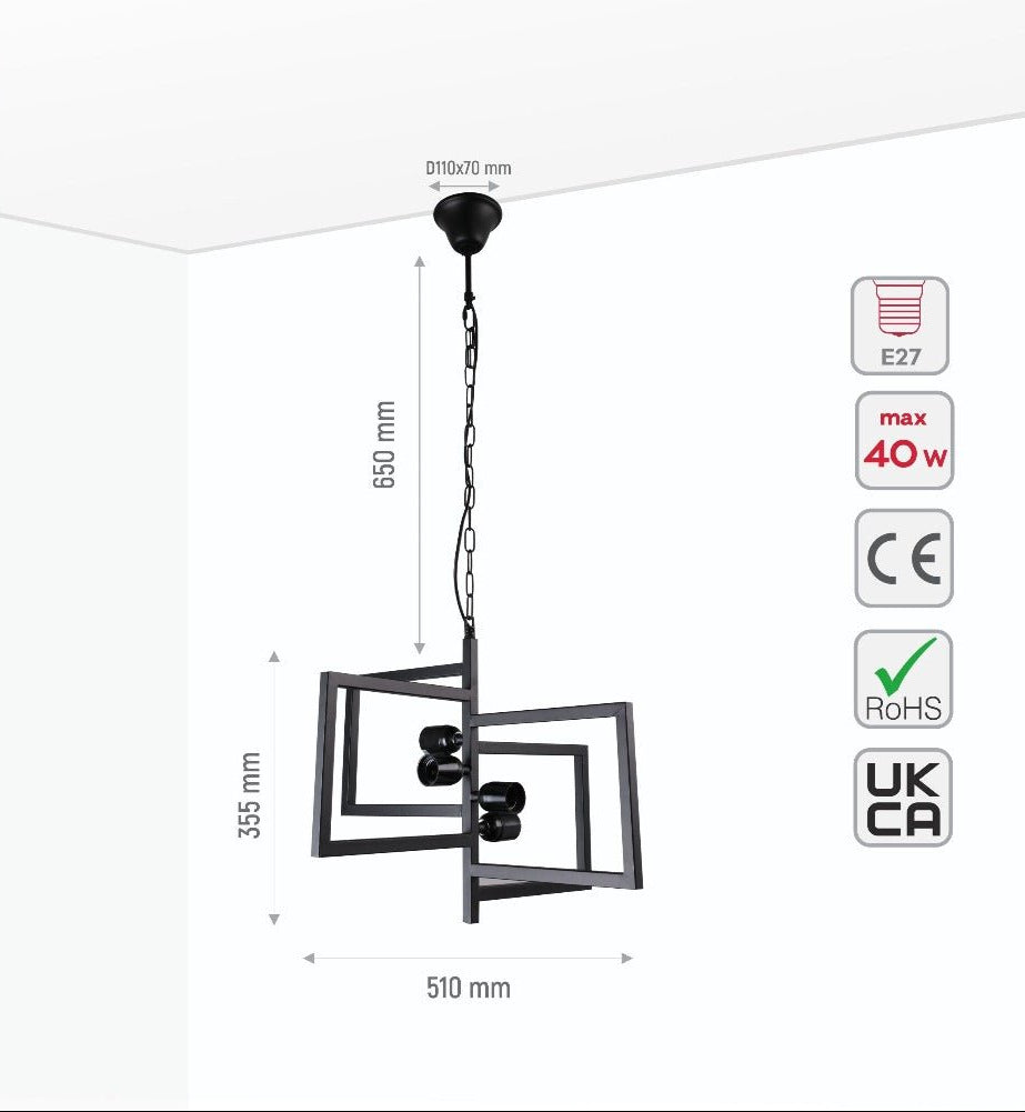 Size and specs of Black 4 Rectangle Pendant Light L510 with 4xE27 Fitting | TEKLED 158-17584