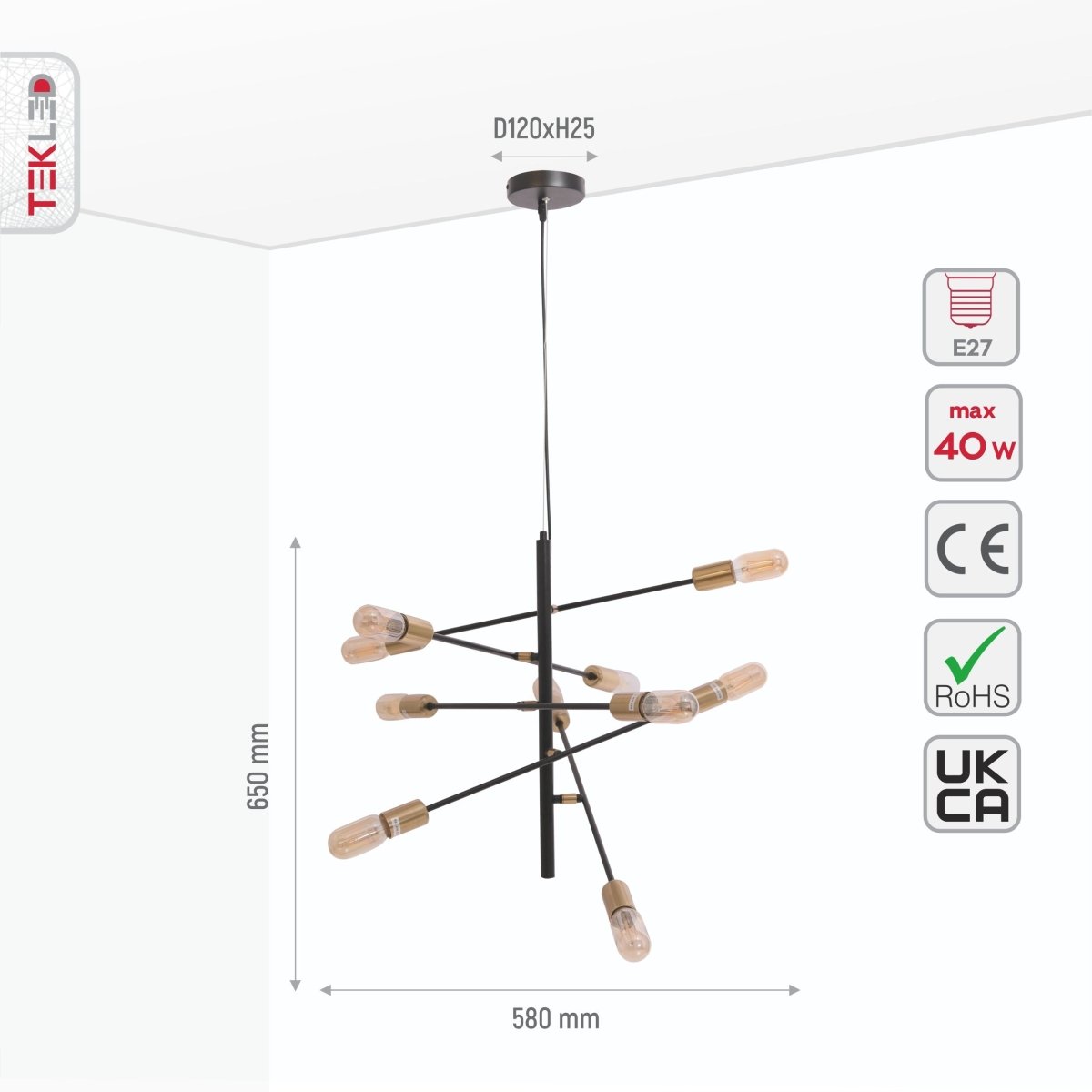 Size and specs of Black and Gold Rod Modern Pendant Chandelier Light with 10xE27 Fittings | TEKLED 159-17480