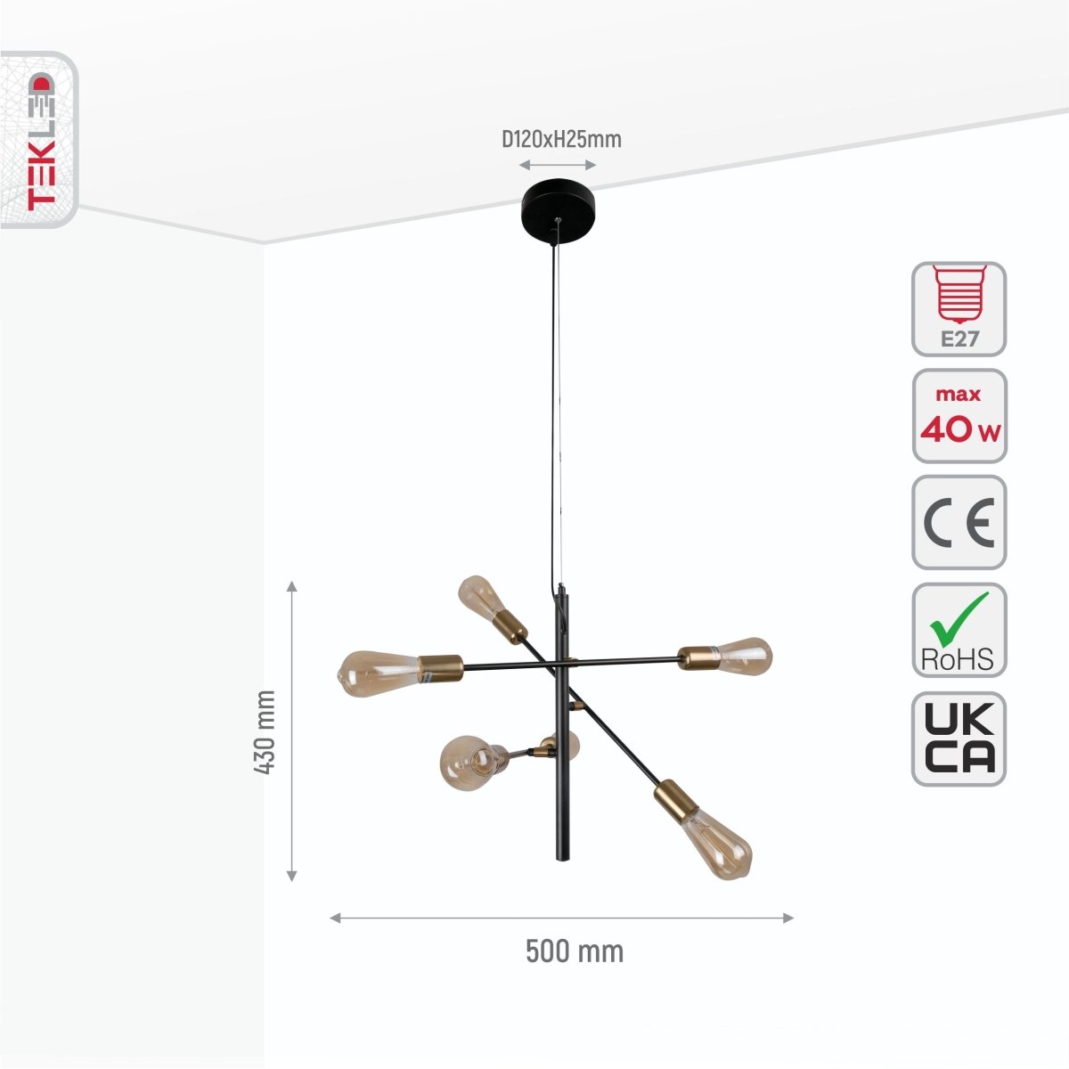 Size and specs of Black and Gold Rod Modern Pendant Chandelier Light with 6xE27 Fittings | TEKLED 159-17476