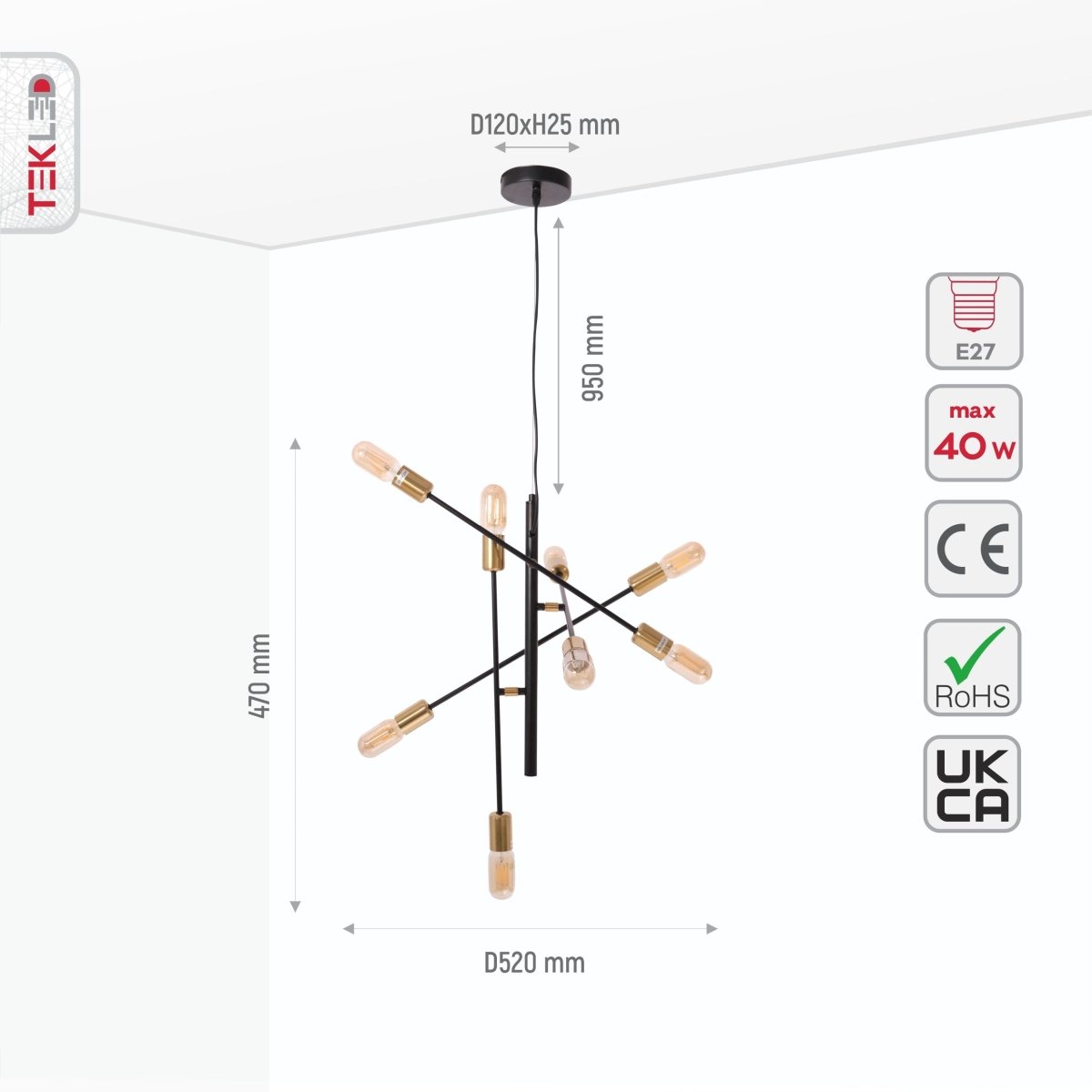 Size and specs of Black and Gold Rod Modern Pendant Chandelier Light with 8xE27 Fittings | TEKLED 159-17478