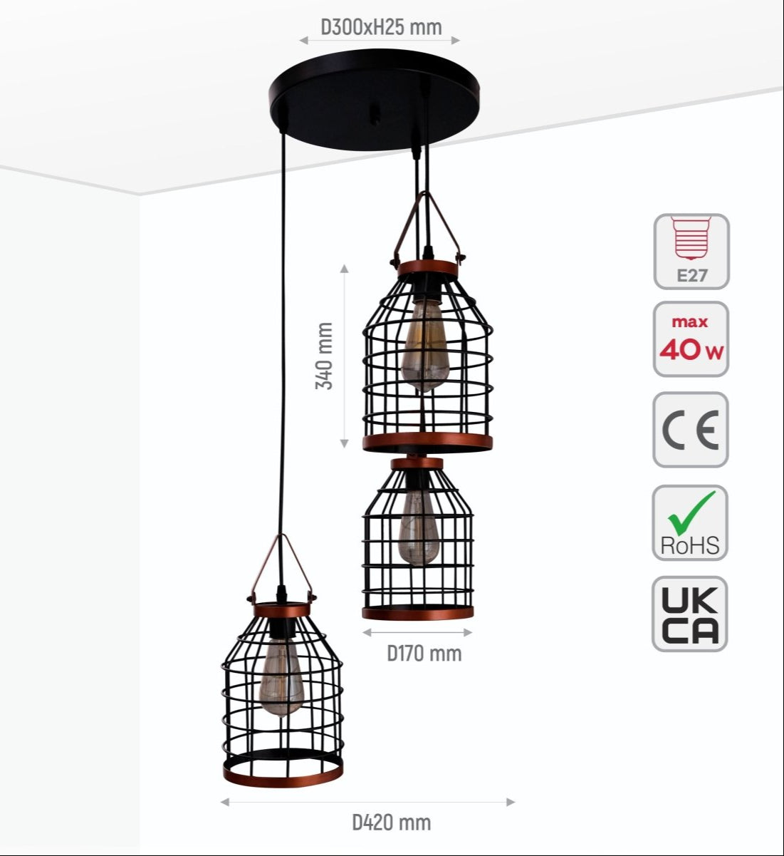 Size and specs of Black Cage Metal Pendant Light with 3xE27 Fitting | TEKLED 156-19516