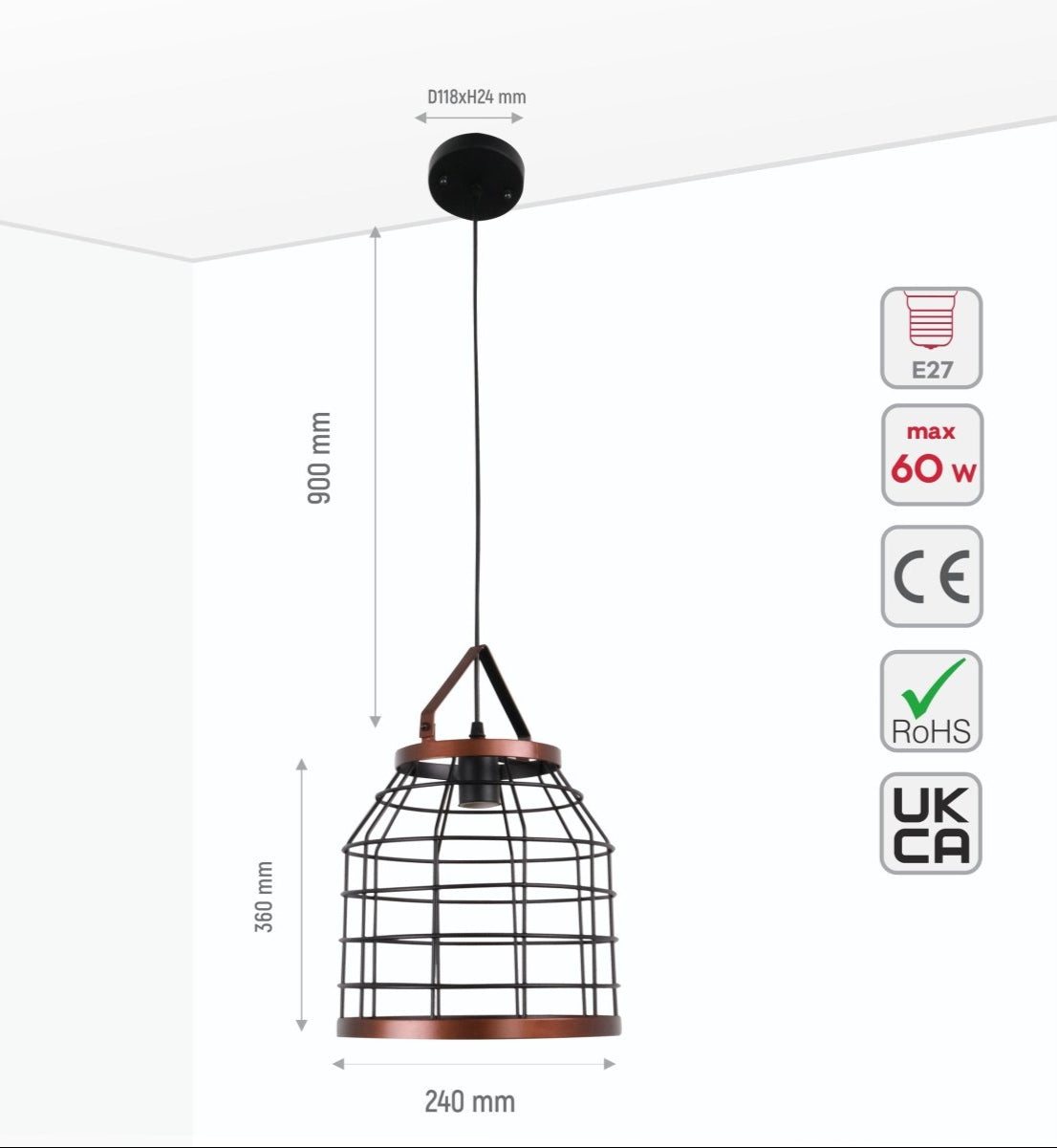 Size and specs of Black Cage Metal Pendant Light with E27 Fitting | TEKLED 156-19514