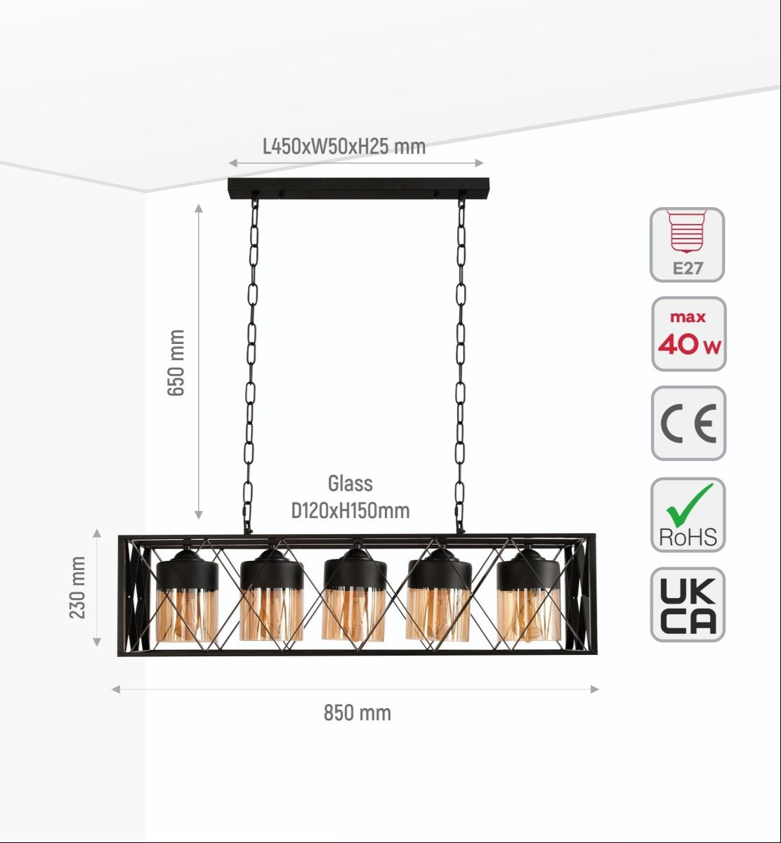 Size and specs of Black Caged Metal Amber Cylinder Glass Island Chandelier with 5xE27 Fitting | TEKLED 158-19580