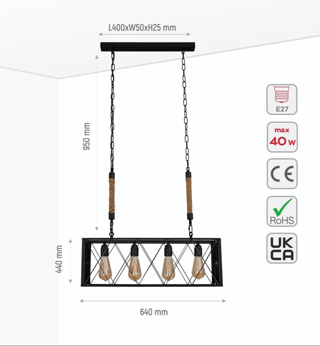 Size and specs of Black Cuboid Metal Island Chandelier with 4xE27 Fitting | TEKLED 158-17870