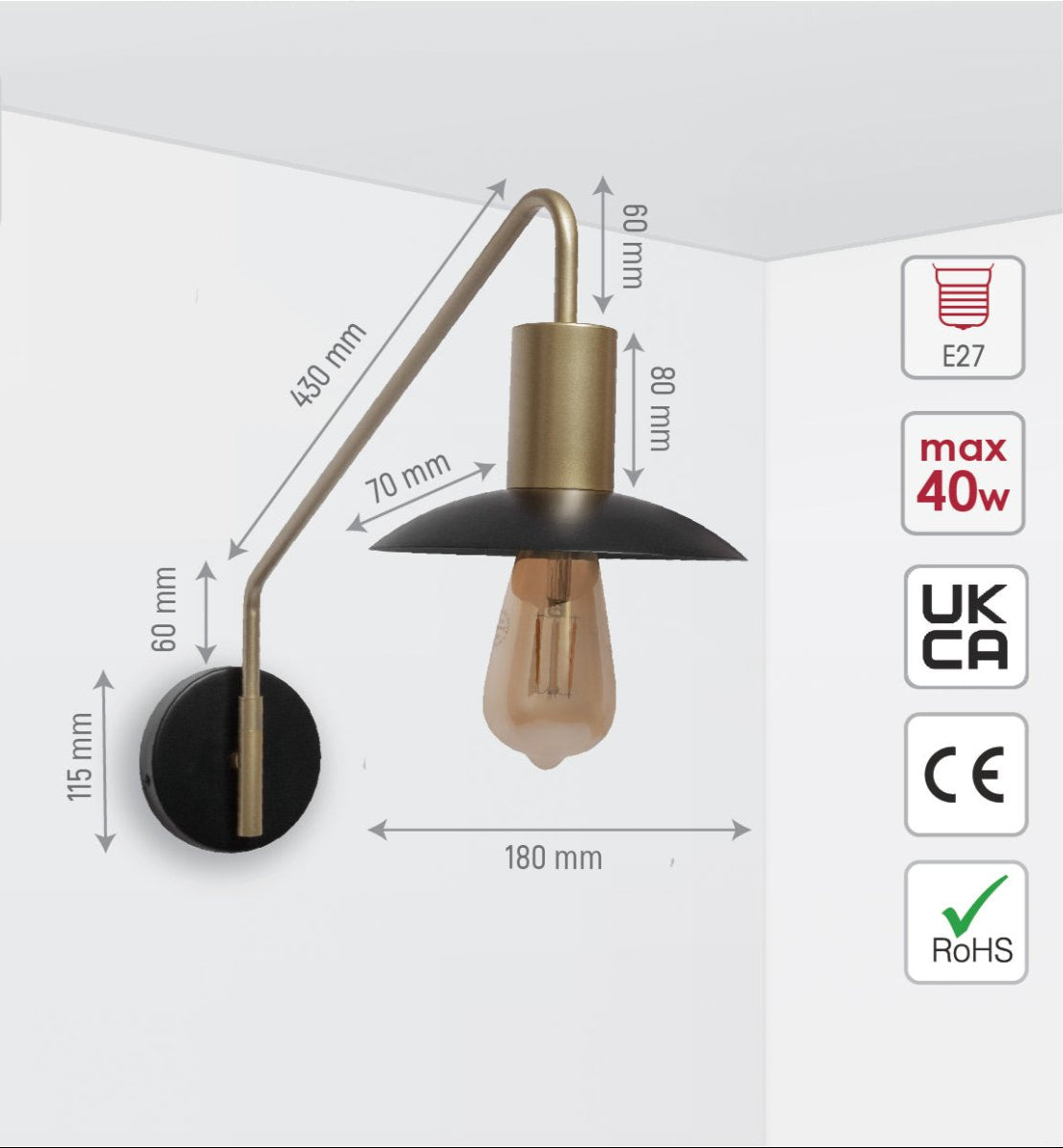 Size and specs of Black Gold Metal Flat Wall Light with E27 Fitting | TEKLED 151-19624