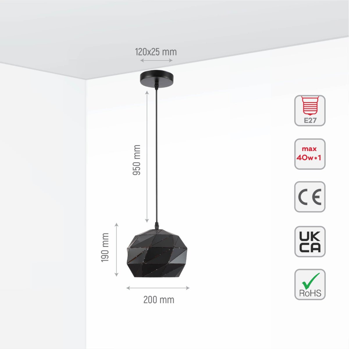 Size and specs of Black Gold Metal Laser Cut Globe Pendant Ceiling Light Small with E27 | TEKLED 150-18154