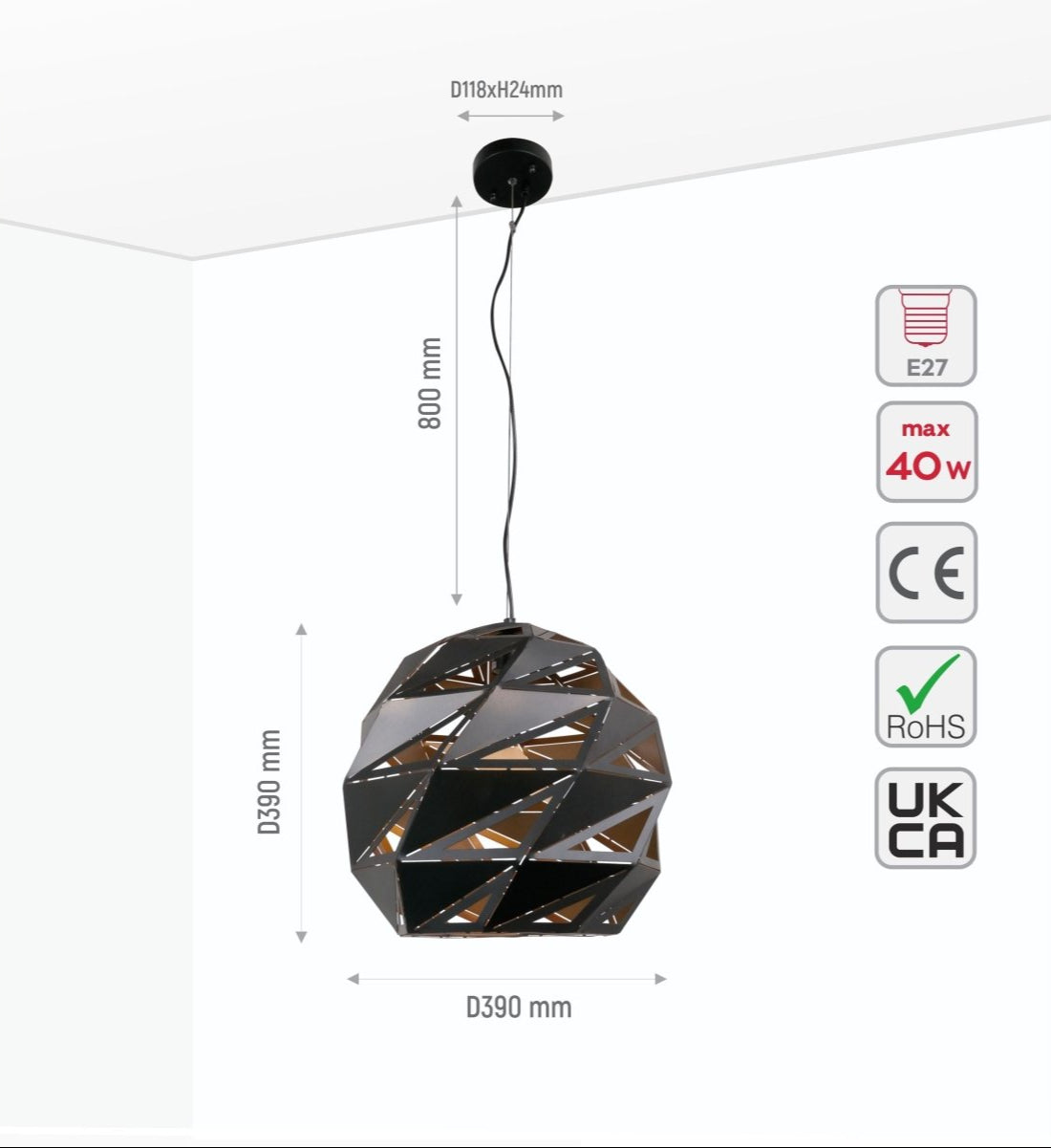 Size and specs of Black Gold Metal Laser Cut Globe Pendant Light X Large with E27 Fitting | TEKLED 150-18268