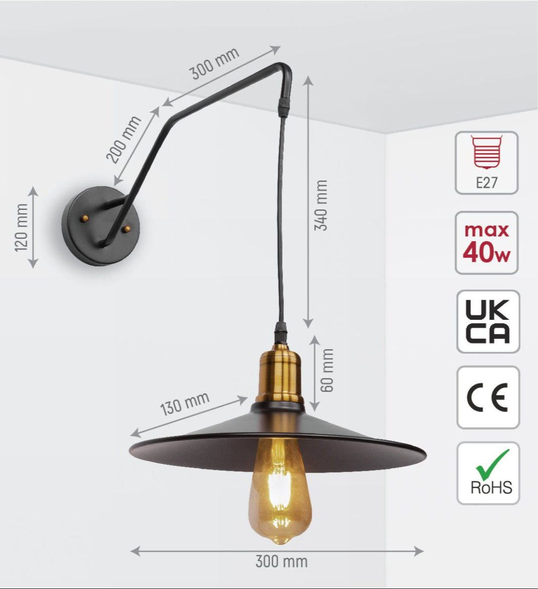 Size and specs of Black Gold Metal Suspended Wall Light with E27 Fitting | TEKLED 151-19636