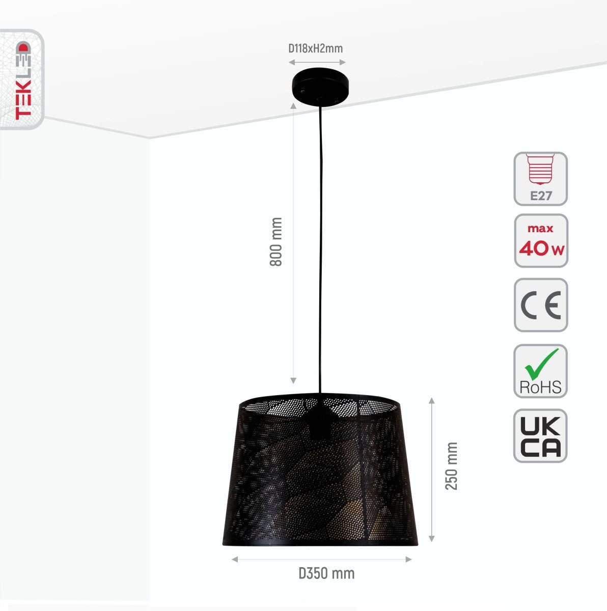 Size and specs of Black Metal Dot Pattern Frustum Pendant Light with E27 Fitting | TEKLED 150-18344