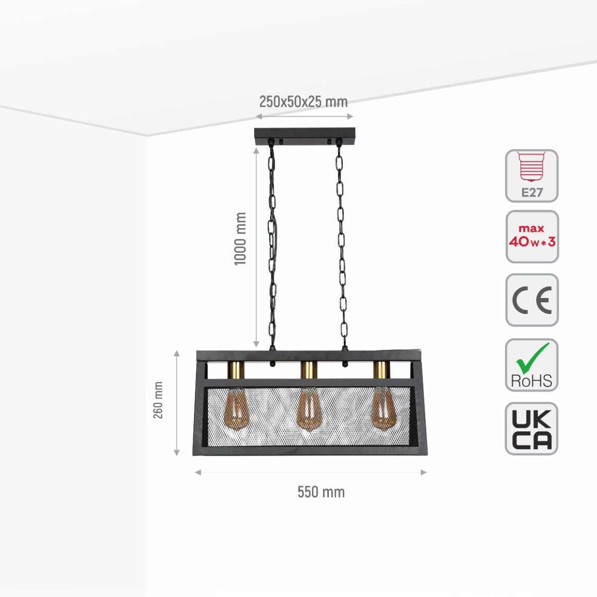 Size and specs of Black Metal Island Chandelier Ceiling Light with 3xE27 Fitting | TEKLED 156-19522