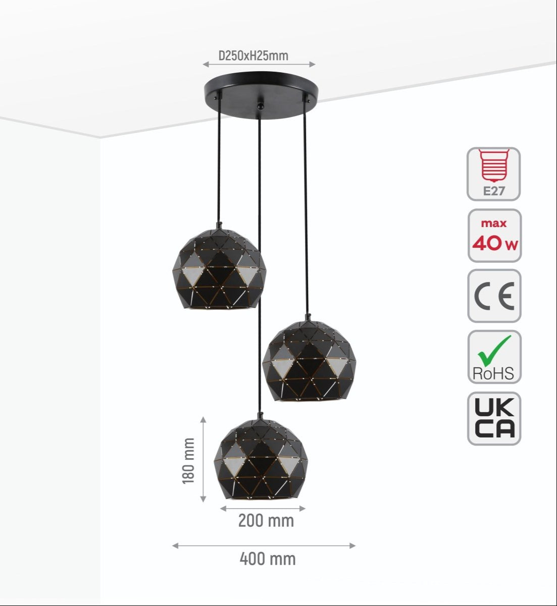 Size and specs of Black Metal Laser Cut Globe Pendant Light with 3xE27 Fitting | TEKLED 150-18256