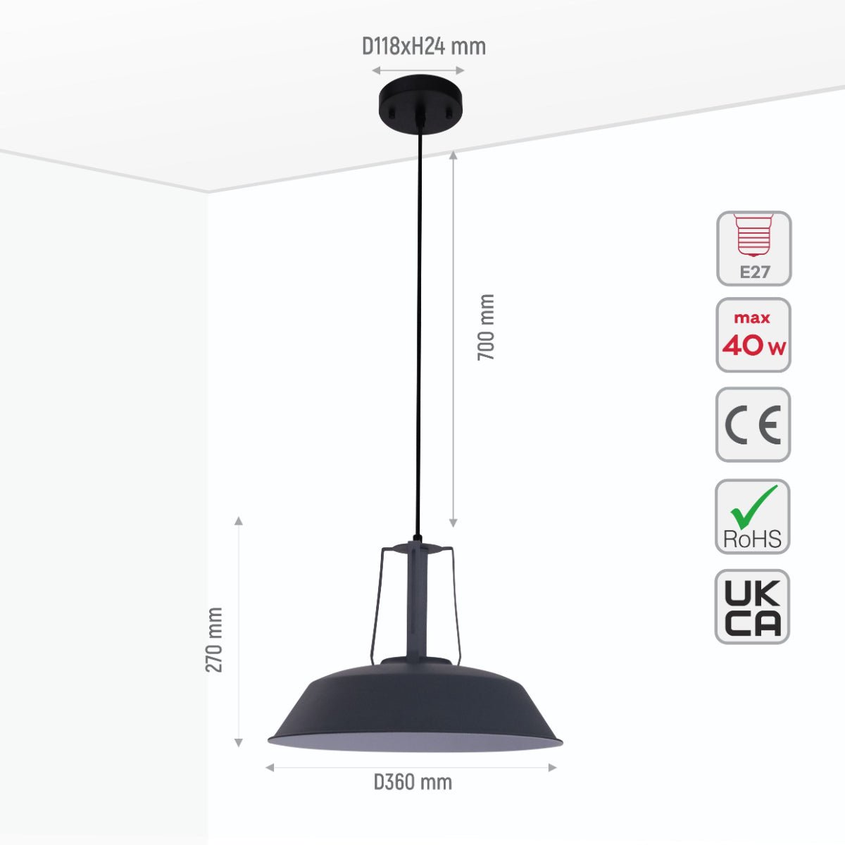 Size and specs of Dark Grey Metal Step Pendant Ceiling Light Large with E27 | TEKLED 150-18109