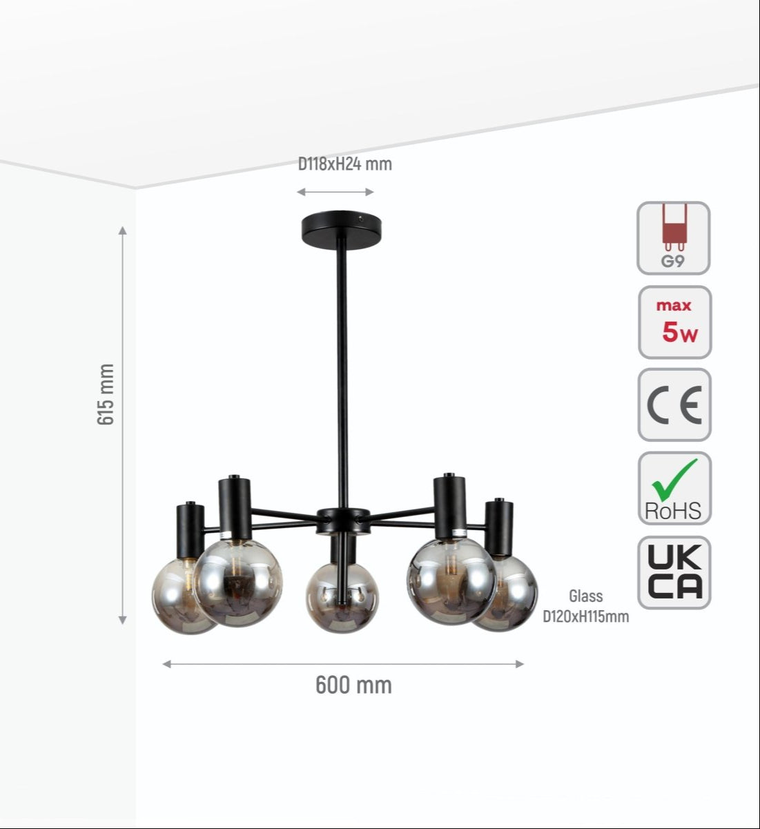 Size and specs of Black and Smoky Chandelier with 5xG9 Fitting | TEKLED 158-19618