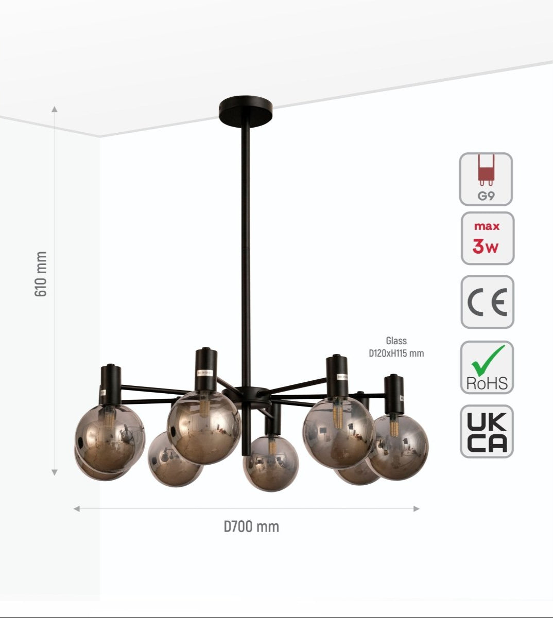 Size and specs of Black and Smoky Chandelier with 8xG9 Fitting | TEKLED 158-19620