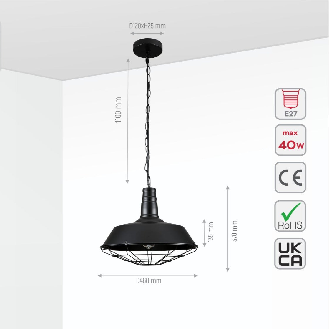 Size and specs of Black Step Caged Industrial Metal Ceiling Pendant Light with E27 Fitting | TEKLED 150-18362