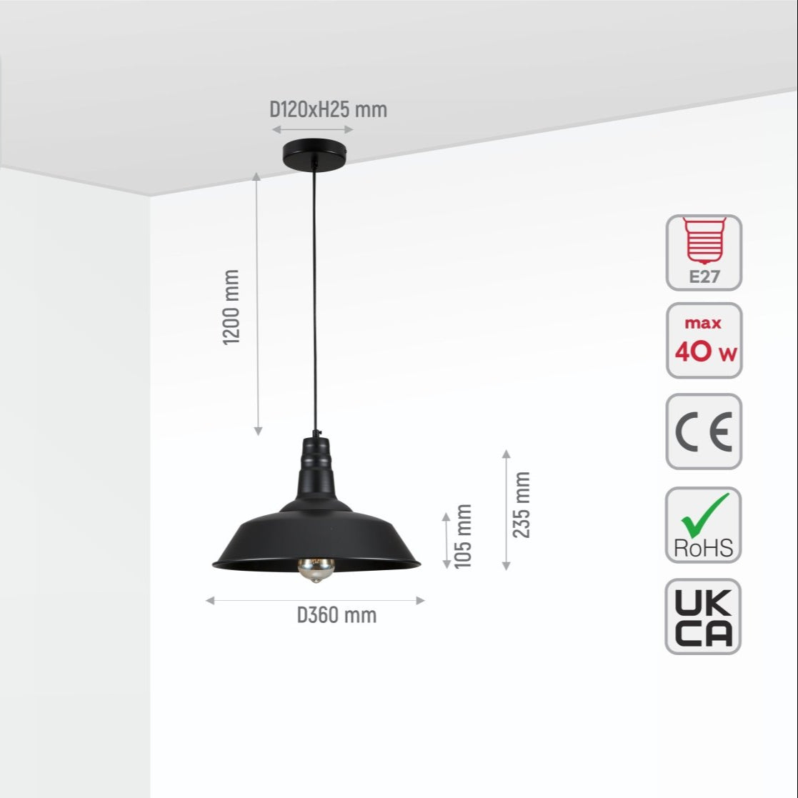 Size and specs of Black Step Industrial Metal Ceiling Pendant Light with E27 Fitting | TEKLED 150-18358