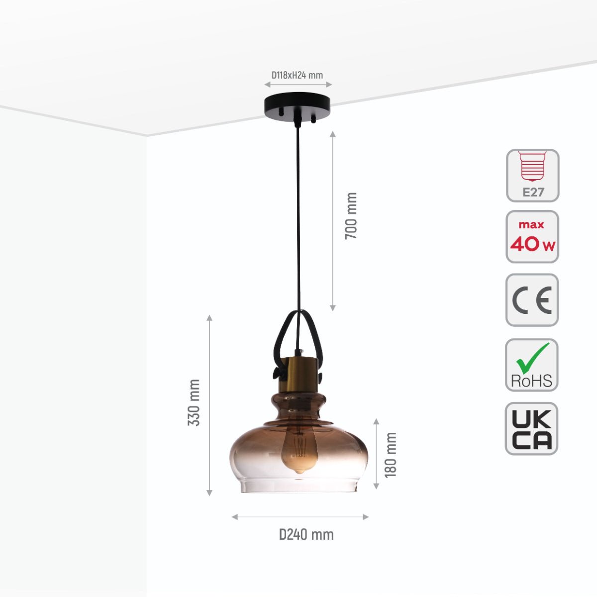 Size and specs of Bronze Gradient Glass Dome Pendant Ceiling Light with E27 | TEKLED 150-18075