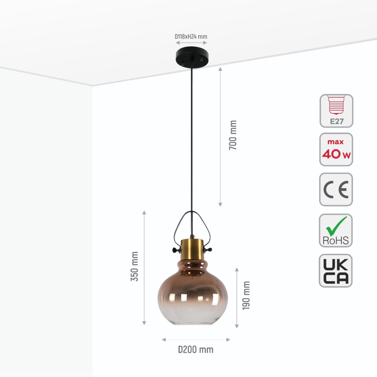 Size and specs of Bronze Gradient Glass Globe Pendant Ceiling Light with E27 | TEKLED 150-18074