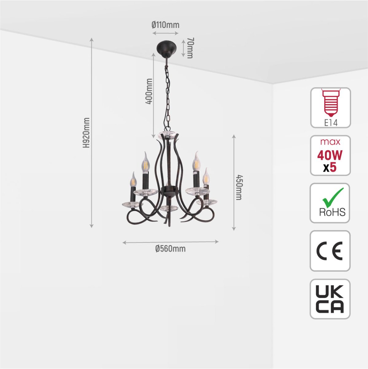 Size and specs of Candle Vintage Rustic Black French Chandelier Ceiling Light 3xE14 | TEKLED 156-18148