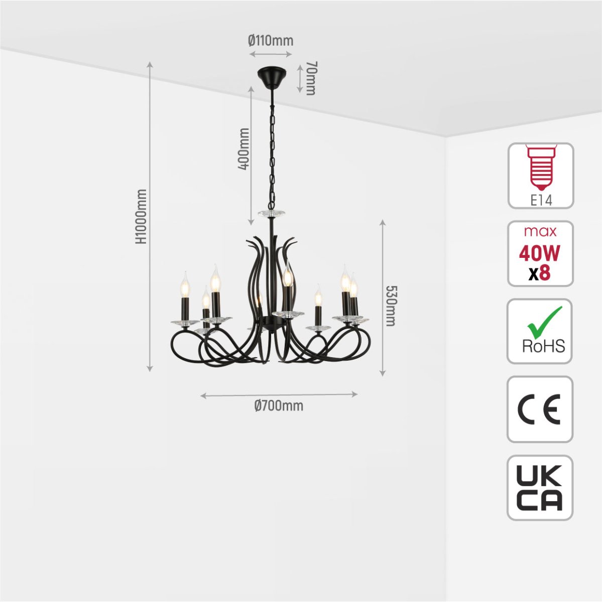 Size and specs of Candle Vintage Rustic Black French Chandelier Ceiling Light 3xE14 | TEKLED 156-18150