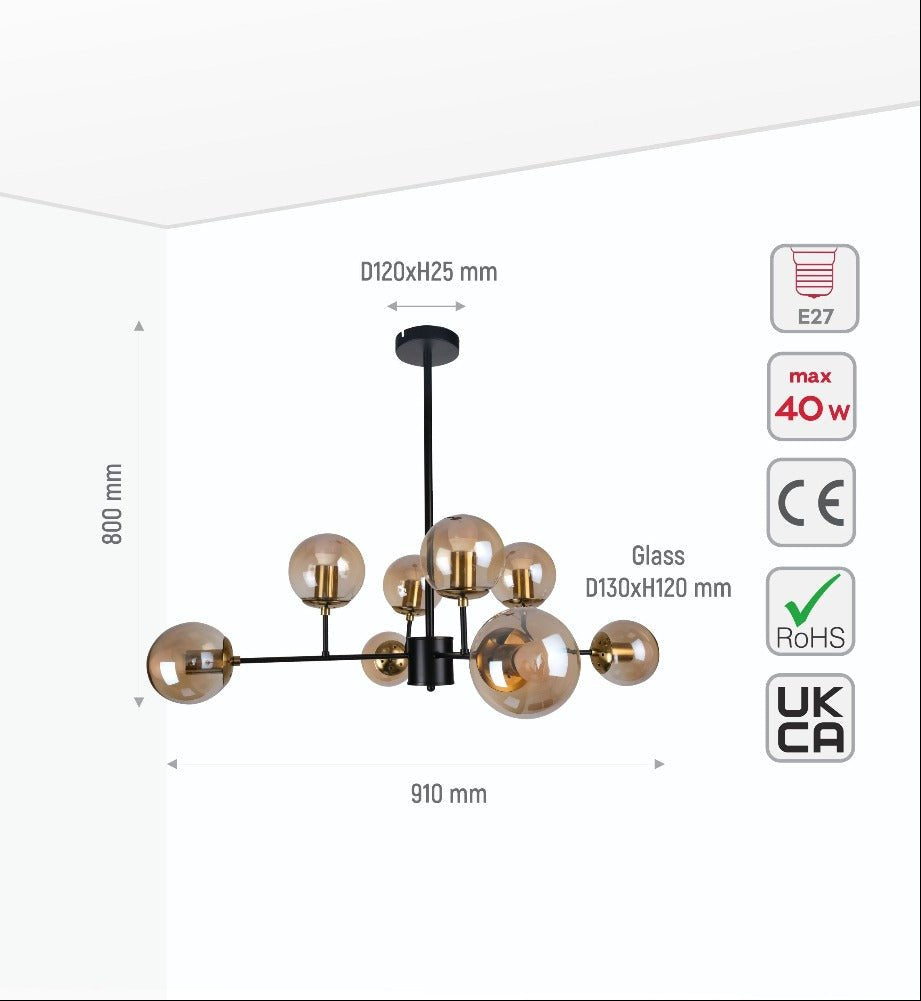 Size and specs of Chandelier Stilnovo Amber Glass Black Body with 8xE27 Fitting | TEKLED 159-17324