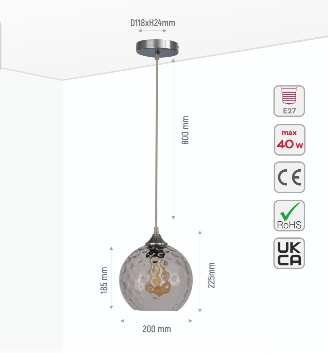 Size and specs of Clear Glass Pendant Light D200 with E27 Fitting | TEKLED 158-19670