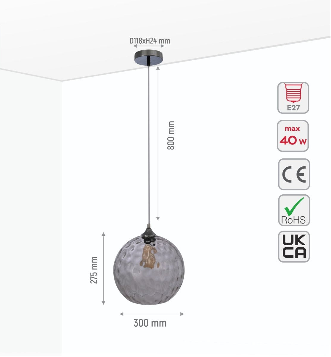 Size and specs of Clear Glass Pendant Light D300 with E27 Fitting | TEKLED 158-19674