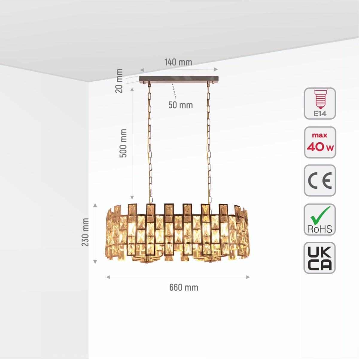 Size and specs of Coffin Stone Gold Metal Castle Crystal Island Chandelier Ceiling Light with 8xE14 Fitting | TEKLED 158-19425