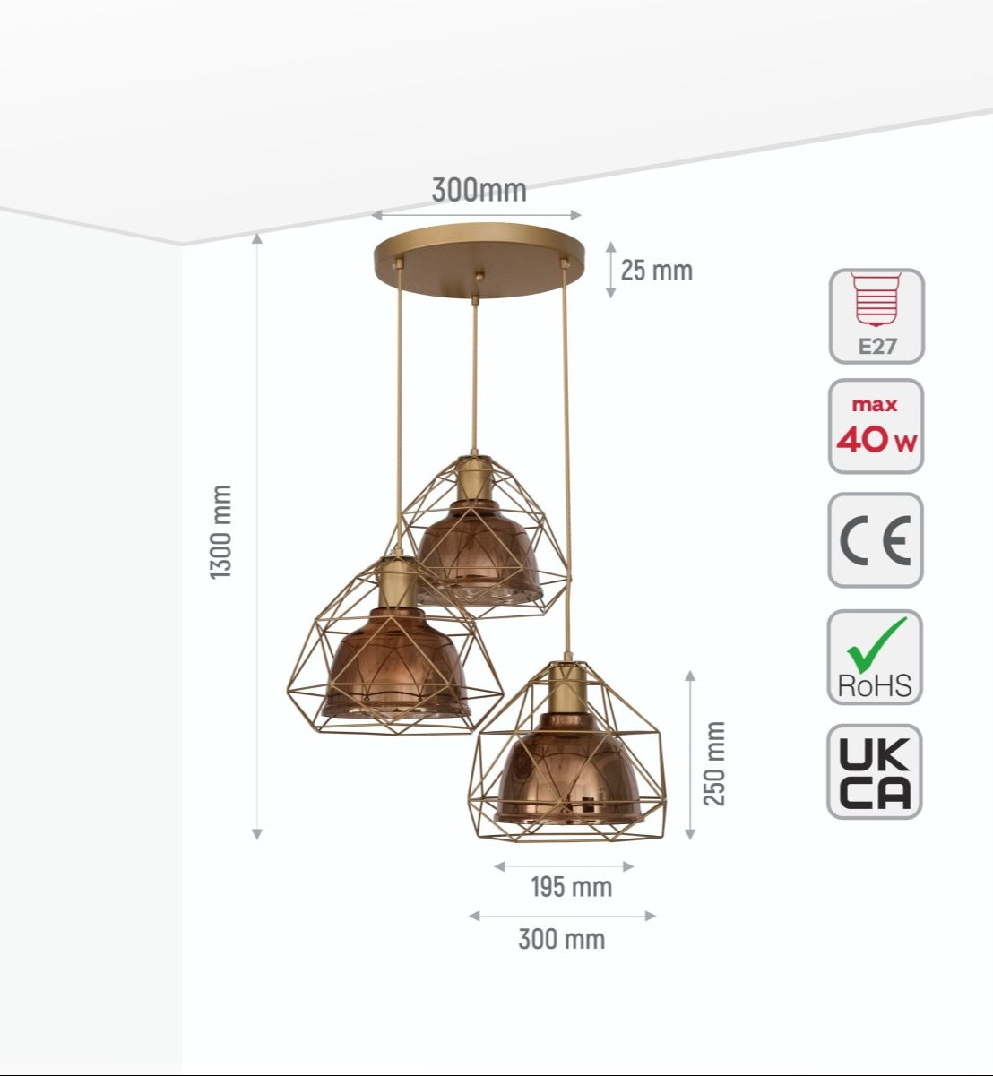 Size and specs of Copper Glass Dome Gold Metal Cage Pendant Light with 3xE27 Fitting | TEKLED 156-19476