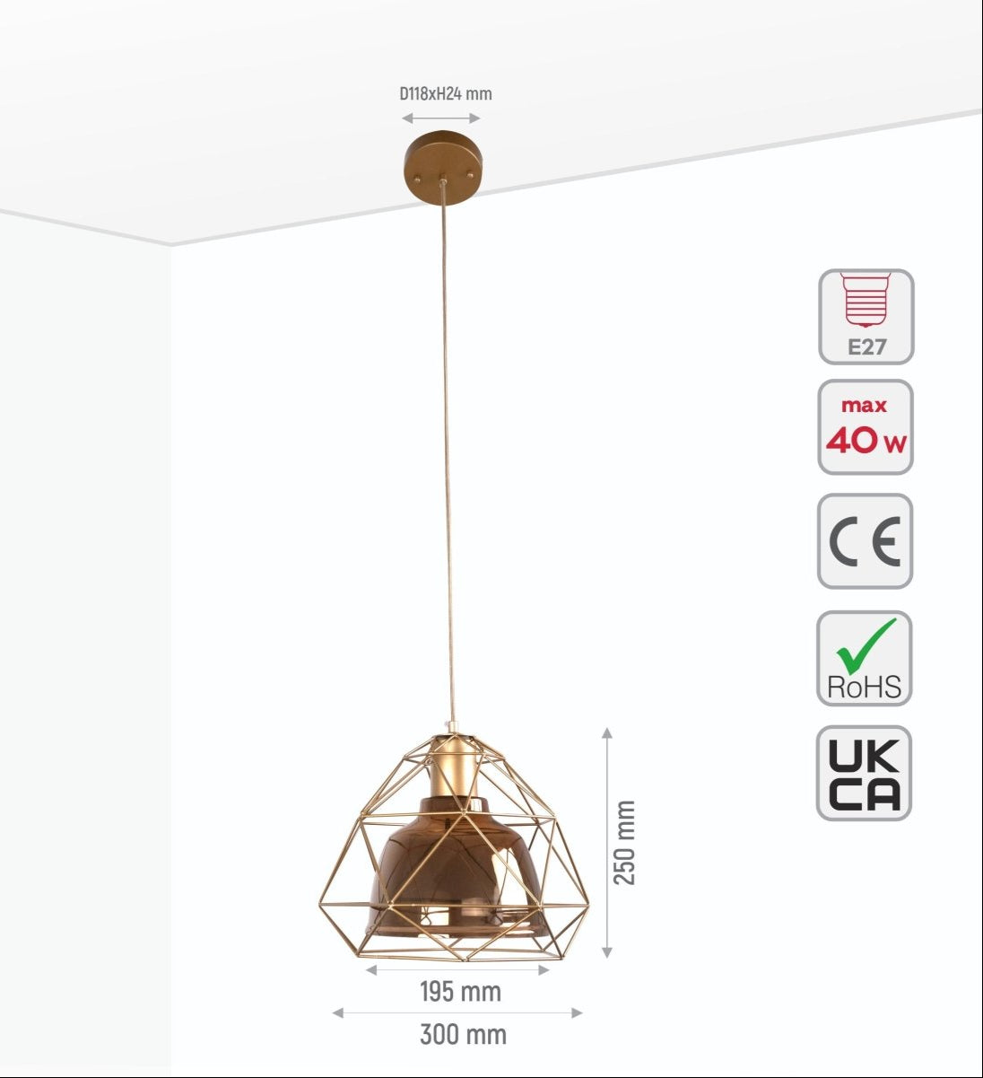 Size and specs of Copper Glass Dome Gold Metal Cage Pendant Light with E27 Fitting | TEKLED 156-19478