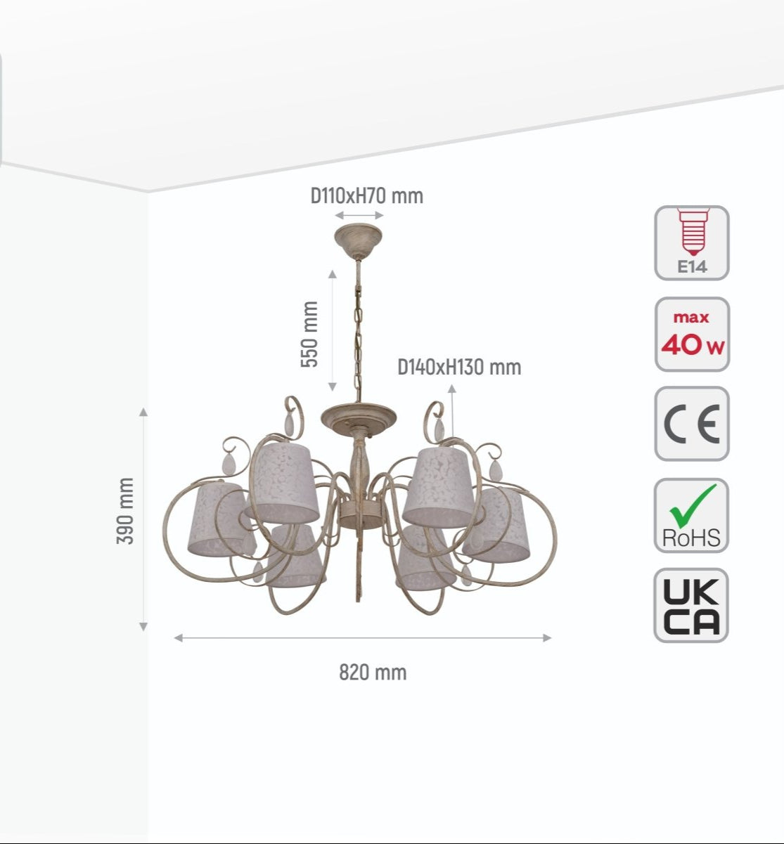 Size and specs of Creamy White Shade Rice White Gold Brushed 6 Arm Chandelier with 6xE14 Fitting | TEKLED 158-17822