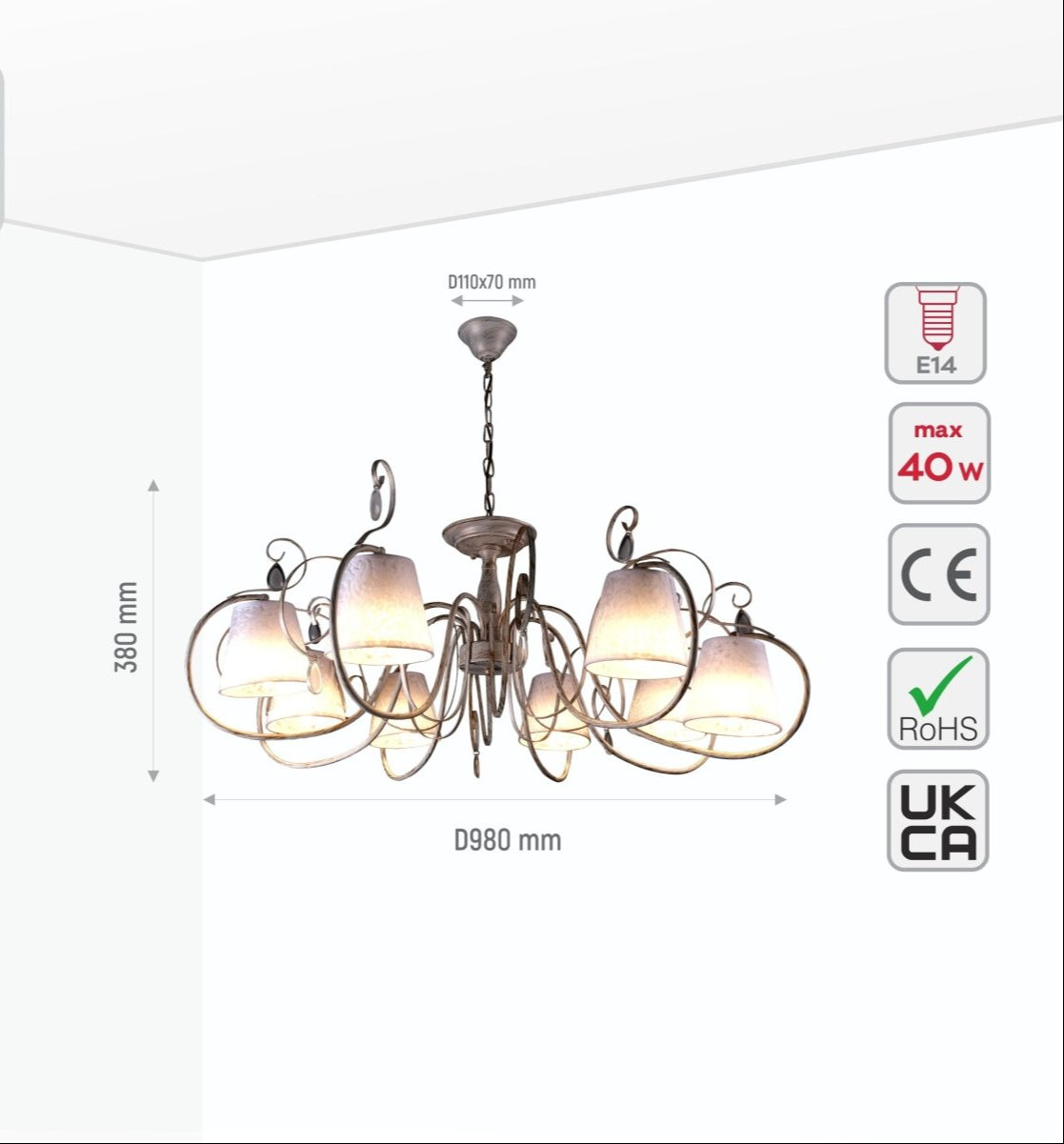 Size and specs of Creamy White Shade Rice White Gold Brushed 8 Arm Chandelier with 8xE14 Fitting | TEKLED 158-17824