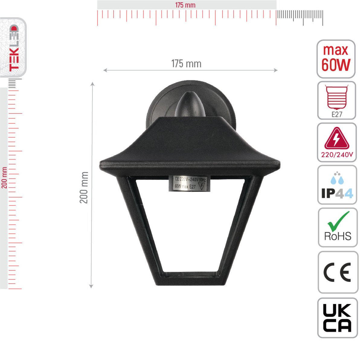 Size and specs of Downward Wall Lamp Matt Black Clear Glass E27 | TEKLED 252-15452