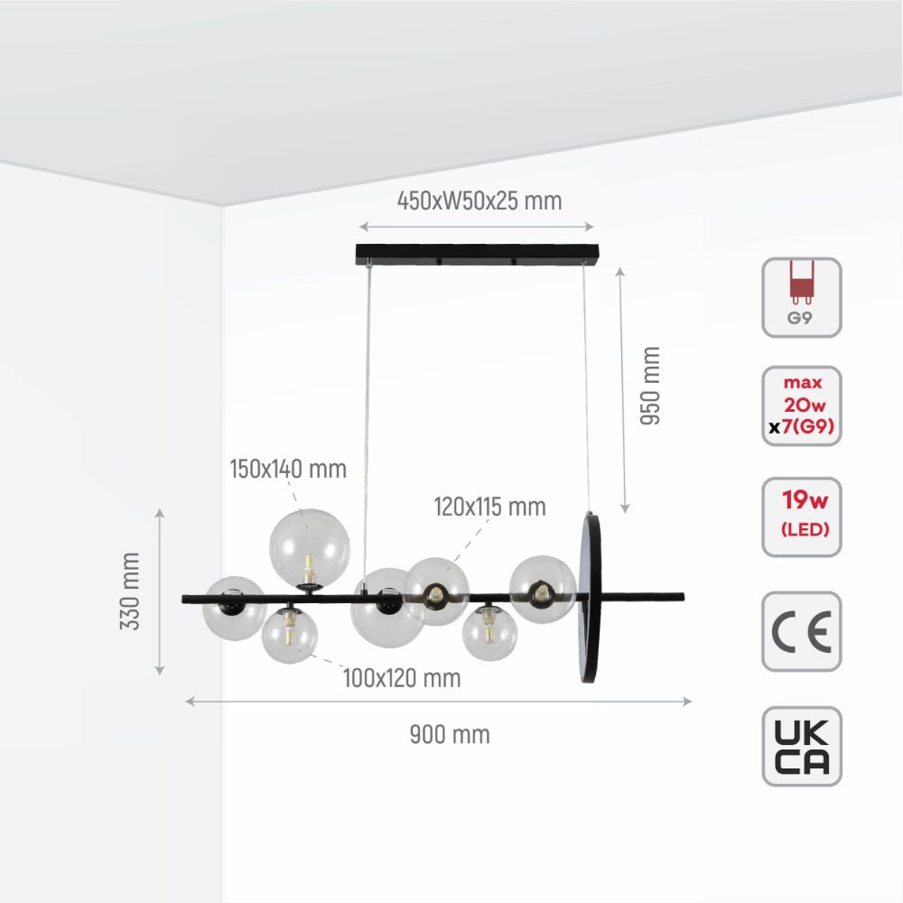 Size and specs of Expanse Ring Black Body Clear Globe Glasses Kitchen Island Contemporary Chandelier Ceiling Light with 7xG9 Fititngs and 20W Build-in LED | TEKLED 159-17328