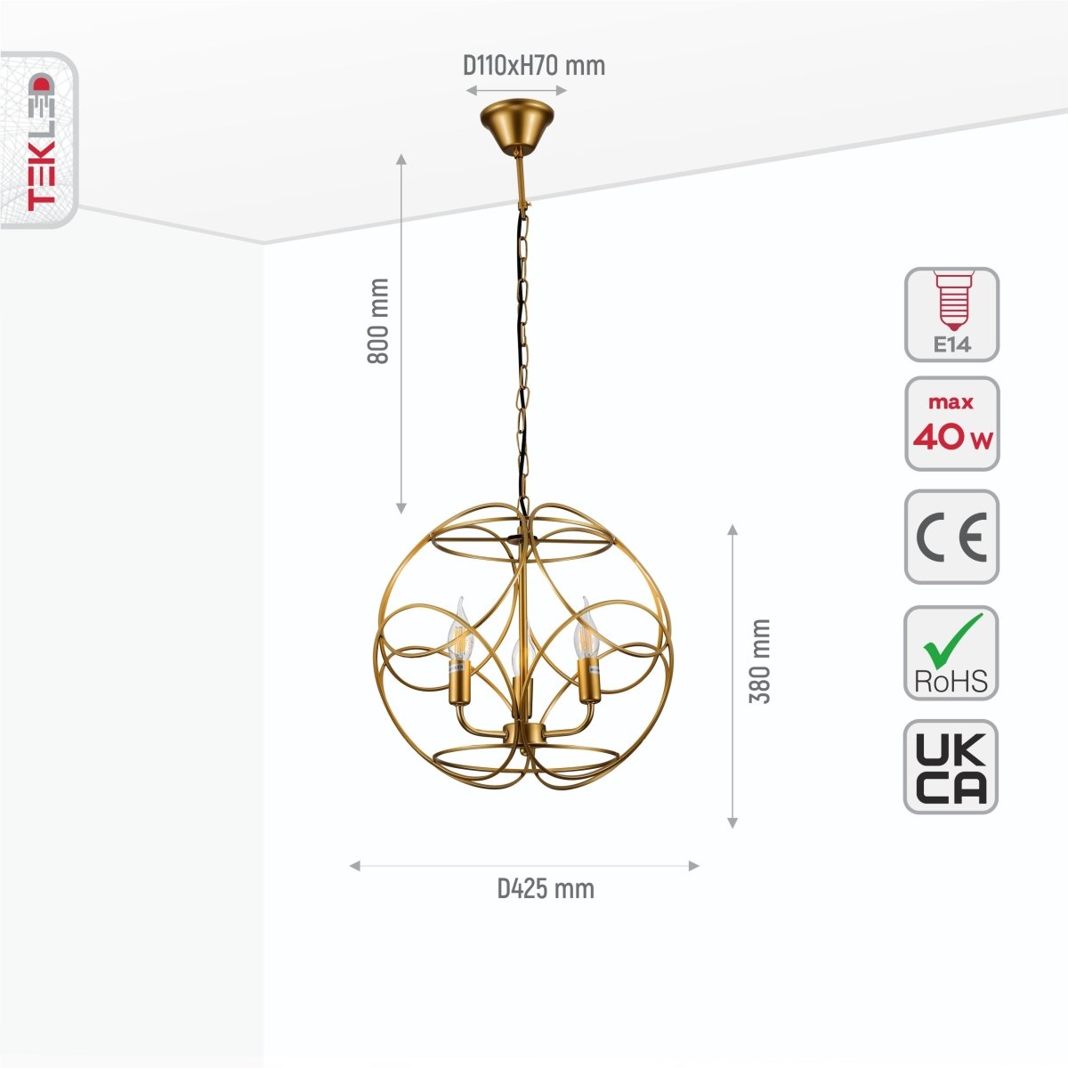 Size and specs of Gold Aluminium Bronze Globe Cage Pendant Chandelier Light with 3xE14 Fittings | TEKLED 159-17448