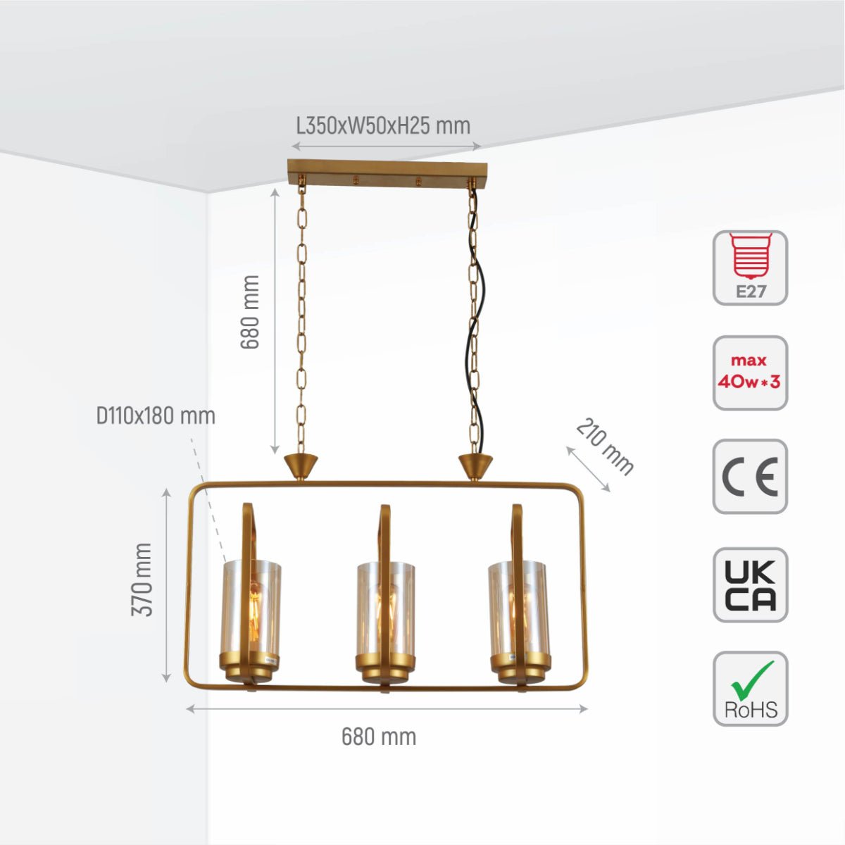 Size and specs of Gold Metal Cage Body Amber Cylinder Glass Kitchen Island Chandelier Ceiling Light with 3xE27 Fitting | TEKLED 159-17444