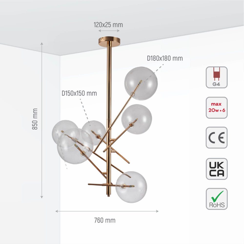 Size and specs of Gold Metal Clear Glass Globe Chandelier Ceiling Light with 6xG4 Fittings | TEKLED 158-19614