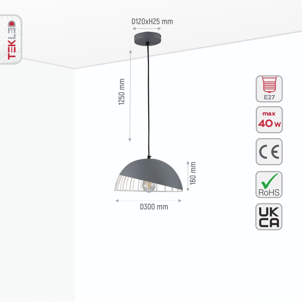 Size and specs of Grey White Caged Dome Nordic Metal Ceiling Pendant Light with E27 Fitting | TEKLED 150-18392