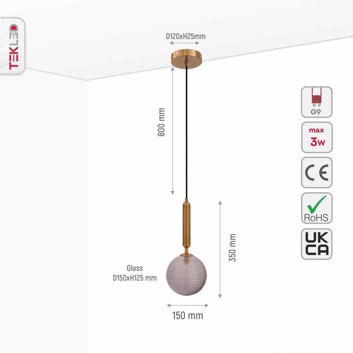 Size and specs of Half Opal Half Smoky Globe Gold Pendant Light with G9 Fitting | TEKLED 159-17506