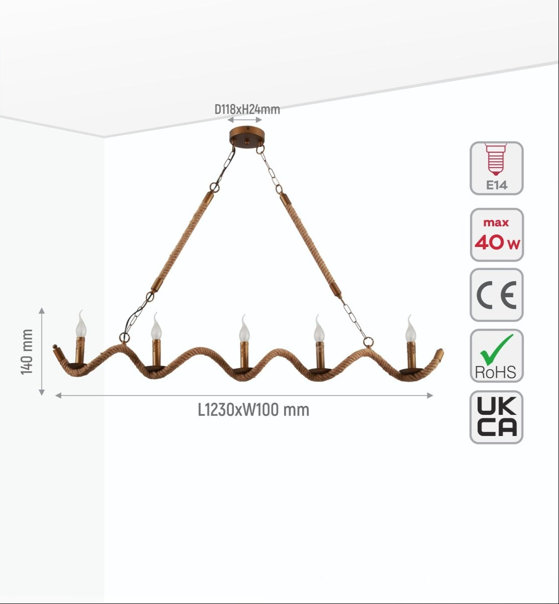 Size and specs of Hemp Rope Spiral Island Chandelier with 5xE14 Fitting | TEKLED 158-17592