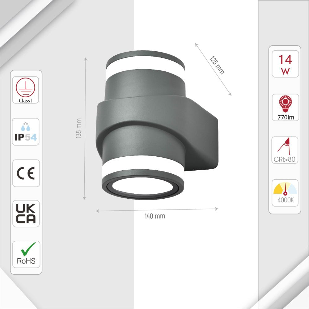 Size and specs of LED Diecast Aluminium Double Direction Wall Lamp 2x7W 4000K Cool White IP54 Black | TEKLED 182-03363