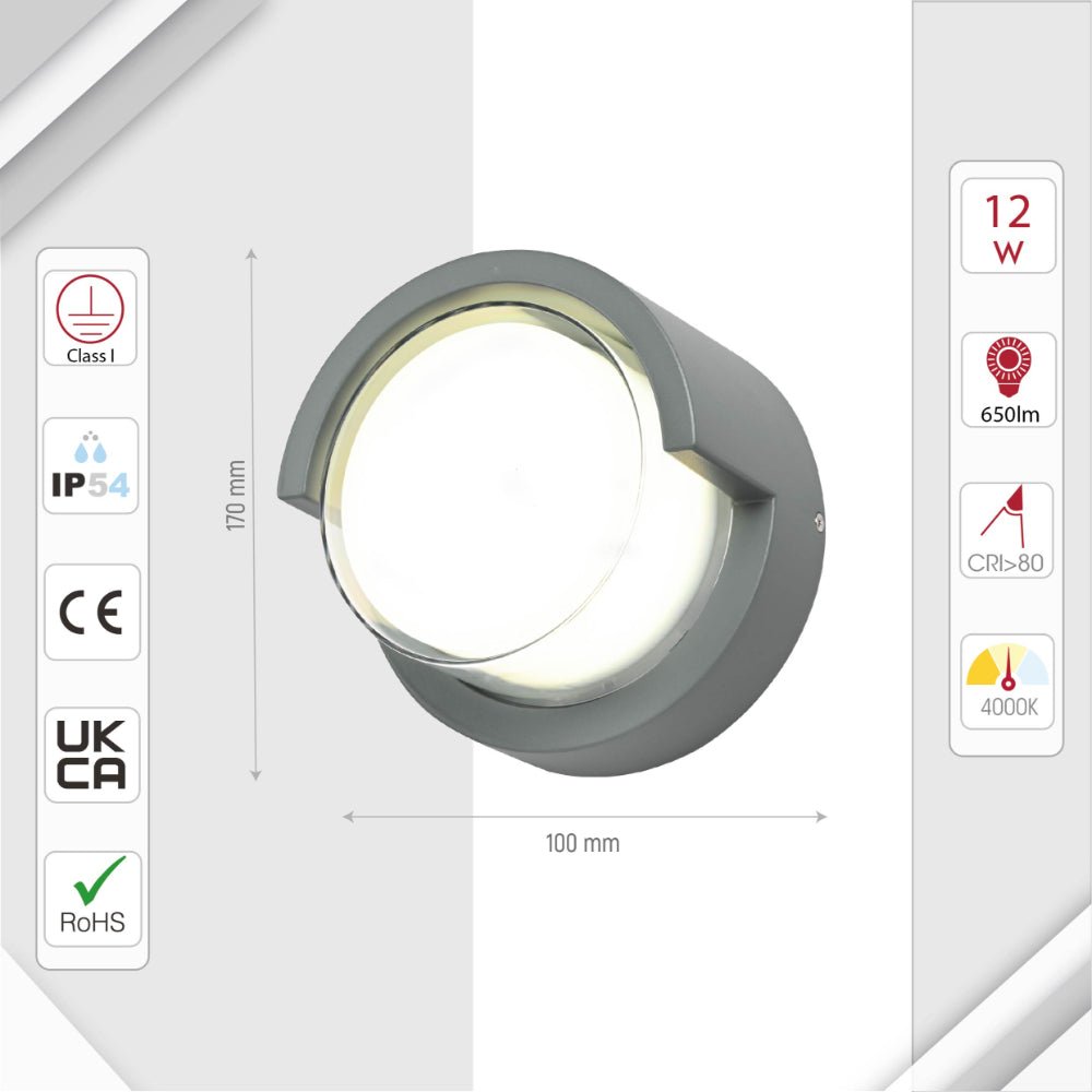 Size and specs of LED Diecast Aluminium Round Hood Wall Lamp 12W Cool White 4000K IP54 Anthracite Grey | TEKLED 182-03354