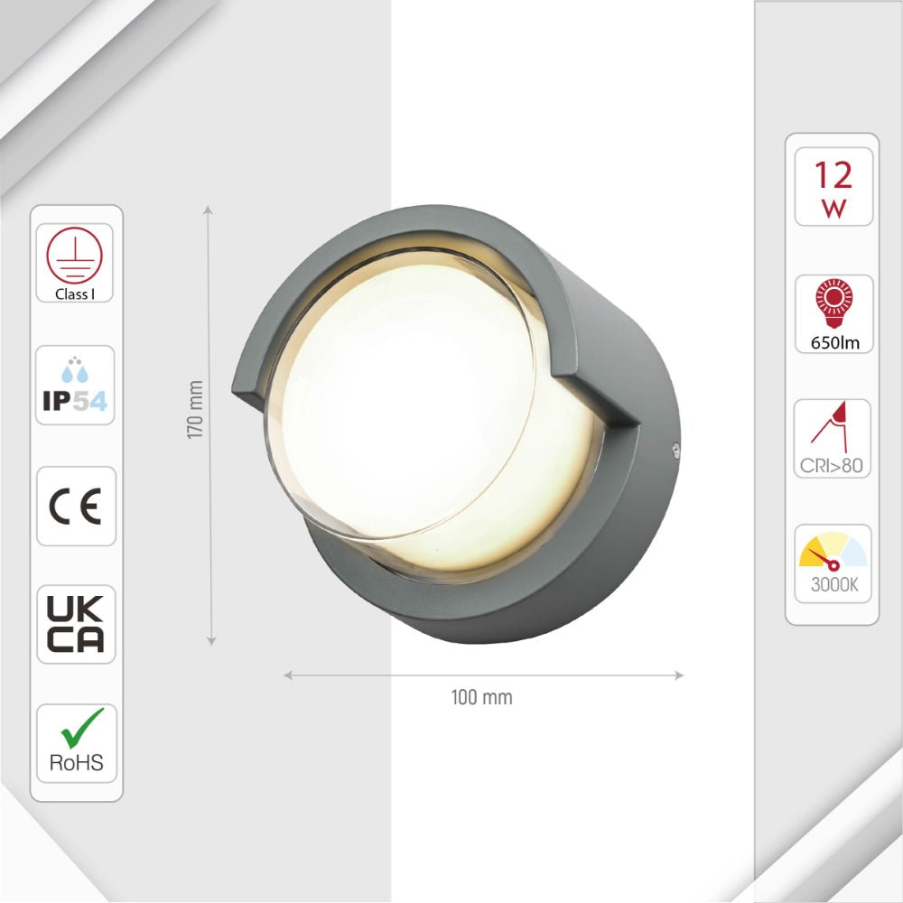 Size and specs of LED Diecast Aluminium Round Hood Wall Lamp 12W Warm White 3000K IP54 Anthracite Grey | TEKLED 182-03352