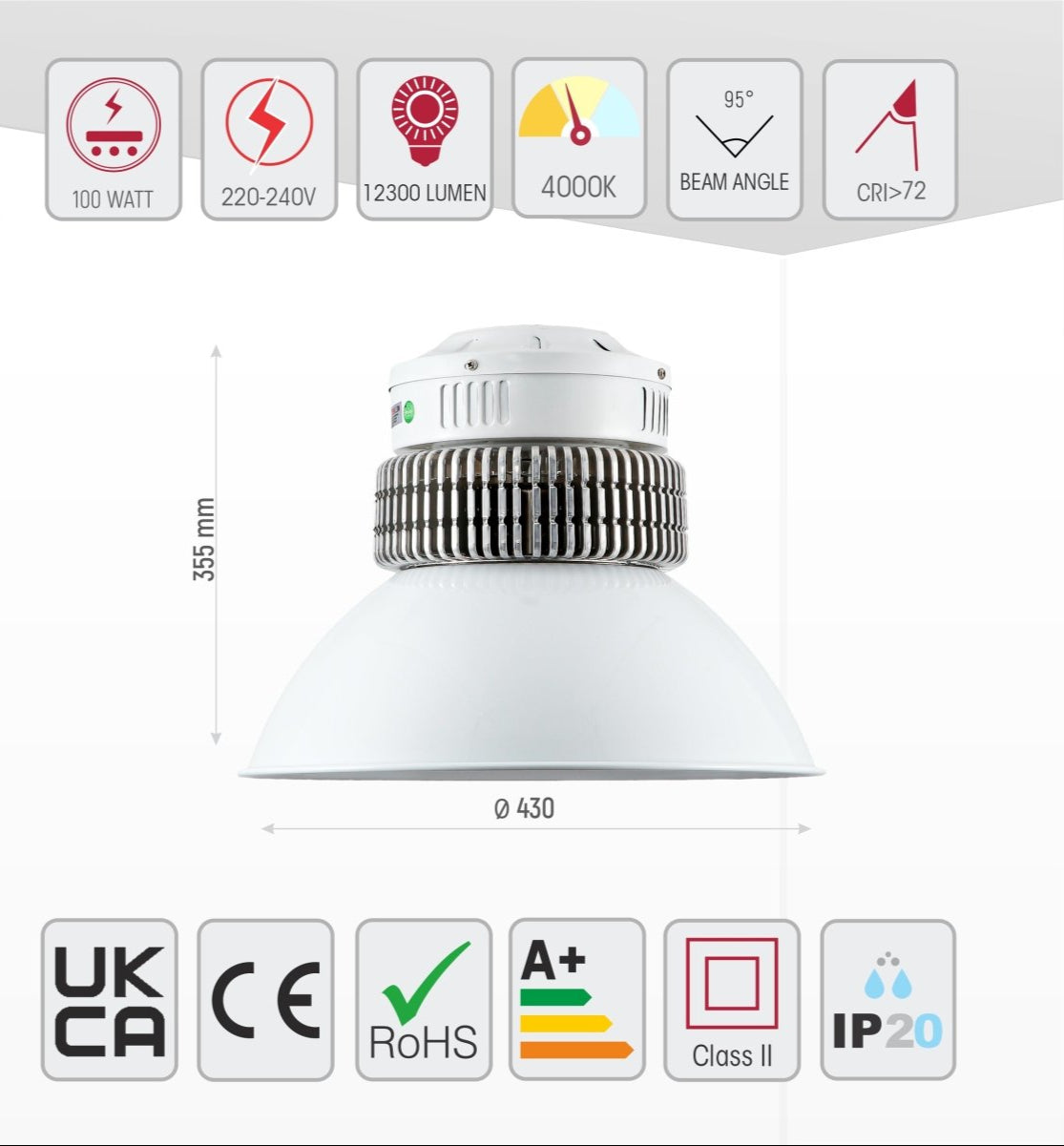 Size and specs of LED Radiator Highbay 100W Cool White 4000K IP20 | TEKLED 230-03540