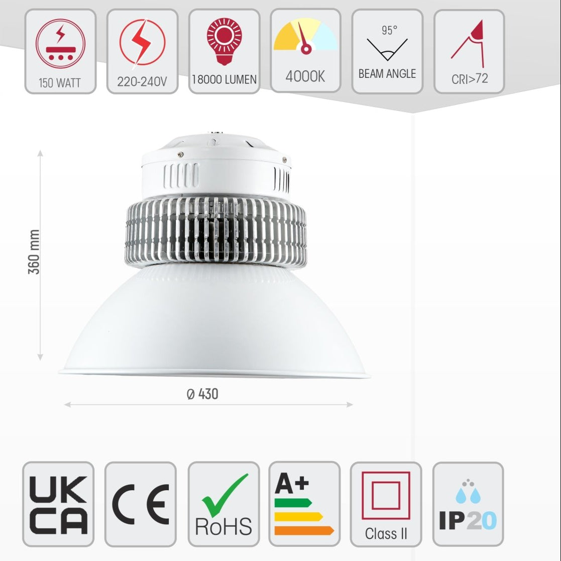 Size and specs of LED Radiator Highbay 150W Cool White 4000K IP20 | TEKLED 230-03562