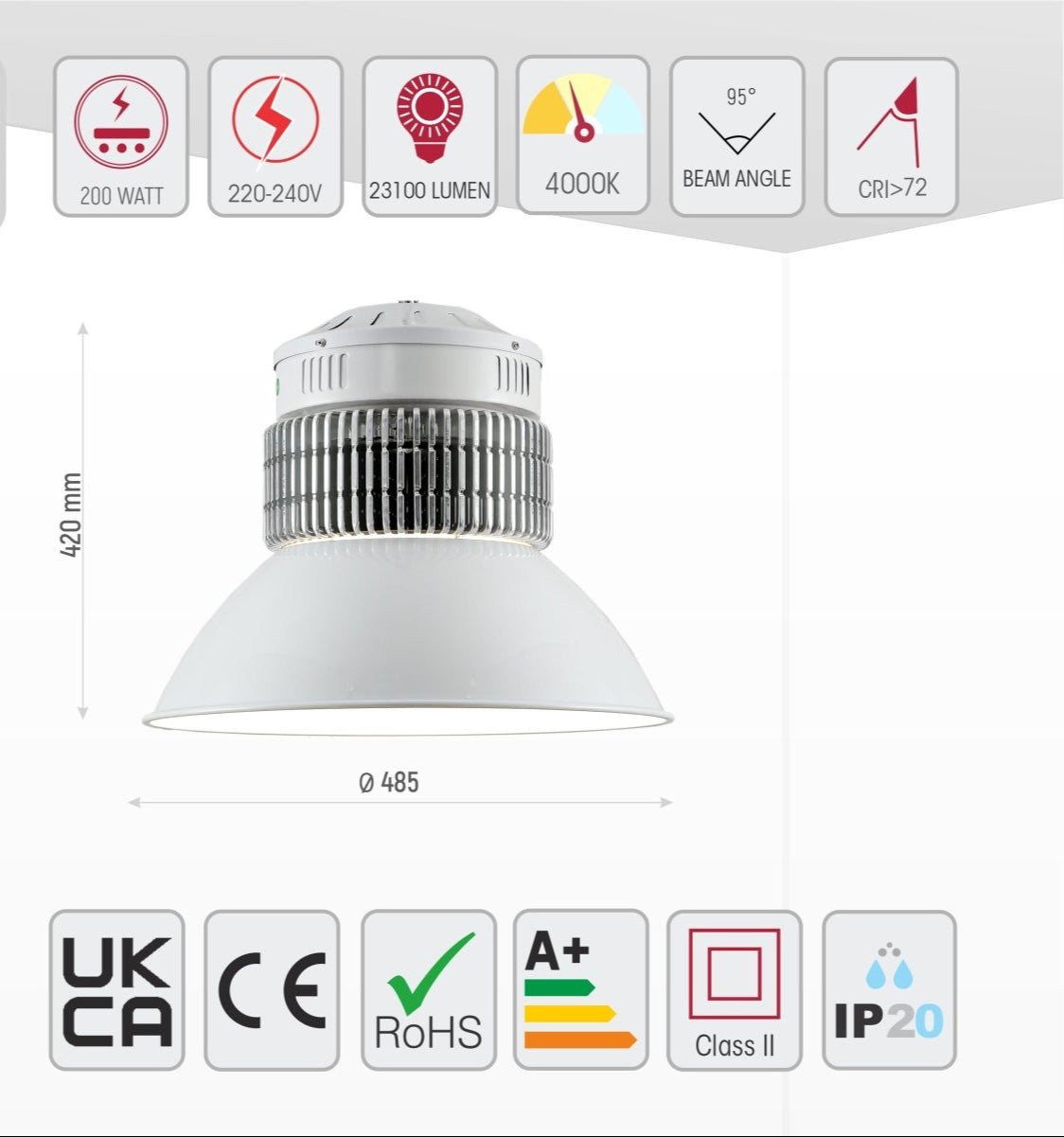 Size and specs of LED Radiator Highbay 200W Cool White 4000K IP20 | TEKLED 230-03568