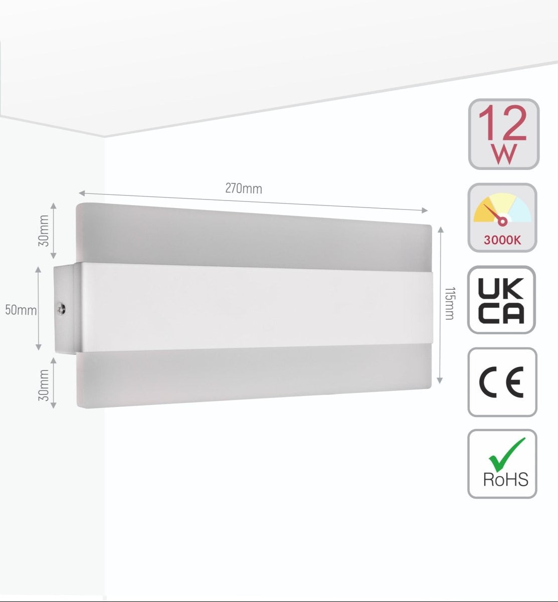 Size and specs of LED White Metal Acrylic Wall Light 12W Warm White 3000K | TEKLED 151-19542