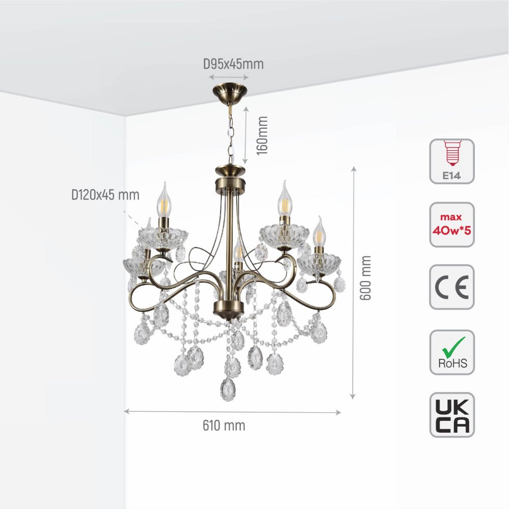 Size and specs of Mary Lillian Mediterranean Elegant Transitional Crystal Chandelier Ceiling Light E14 | TEKLED 159-17710